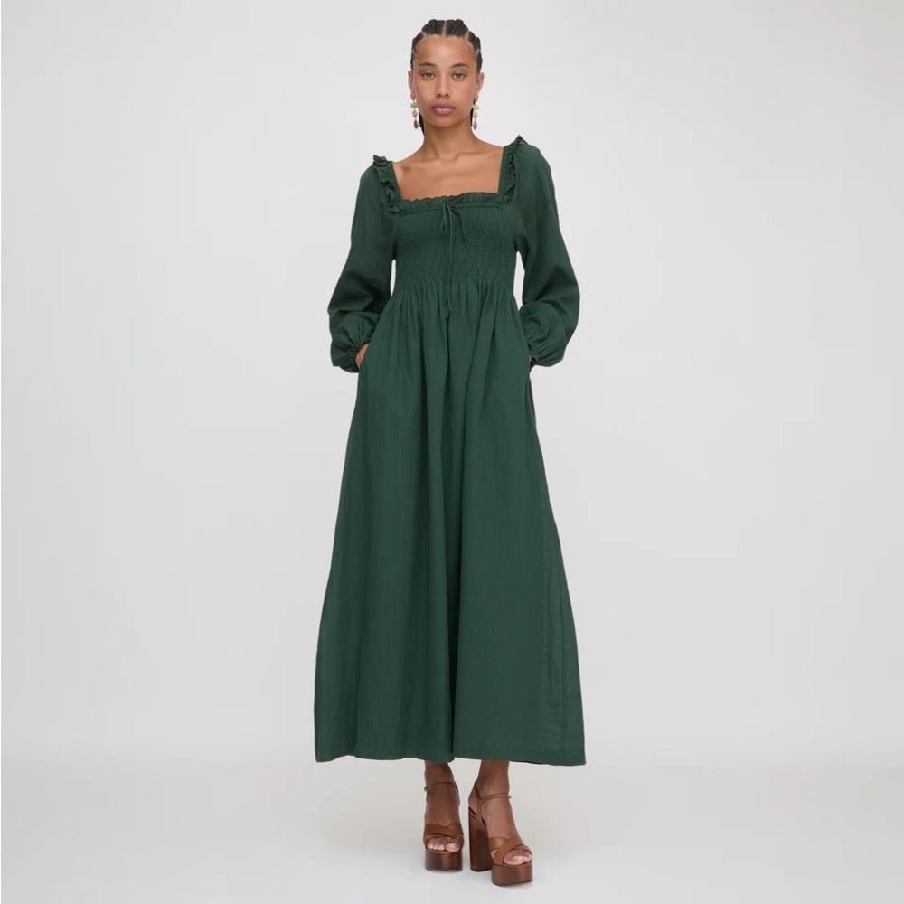 Hill House Scarlett Long Sleeve Nap Dress - Green Shadow Stripe